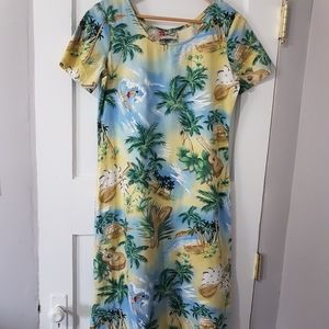 Vntg Hilo Hittie Hawaiian Original Palm Tree Print Cotton Dress Yellow/Blue Sz S